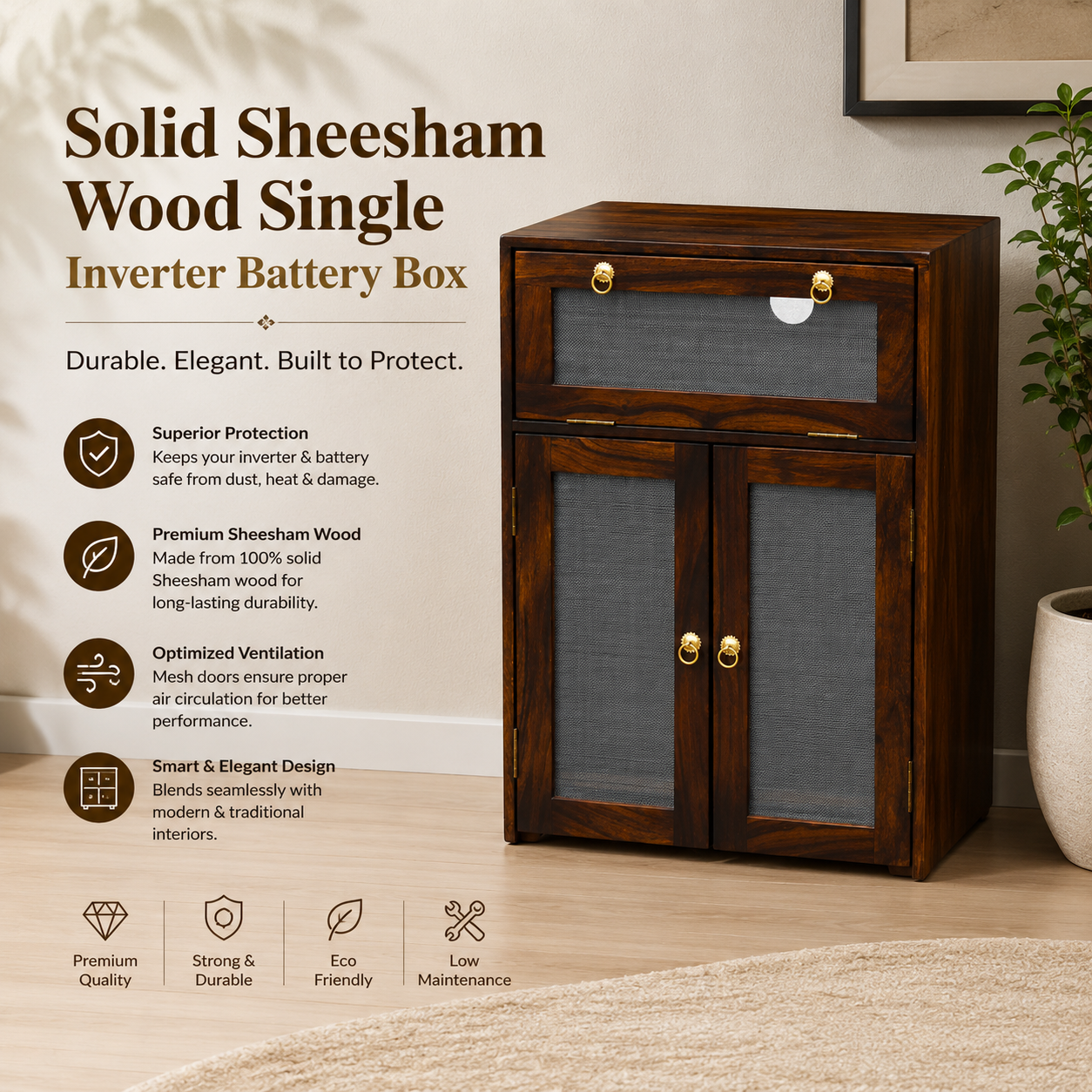 Solid Sheesham Wood Single Inverter Battery Box | Premium Wooden Battery Cabinet