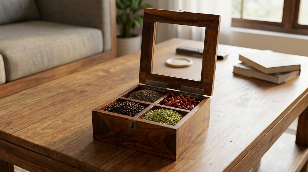 Solid Sheesham Wood Spice Box | Dry Fruit Box With Four Containers