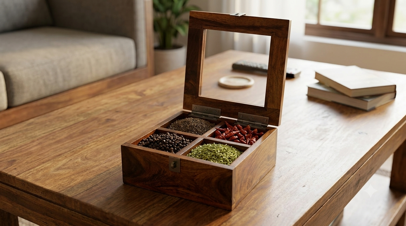 Solid Sheesham Wood Spice Box | Dry Fruit Box With Four Containers