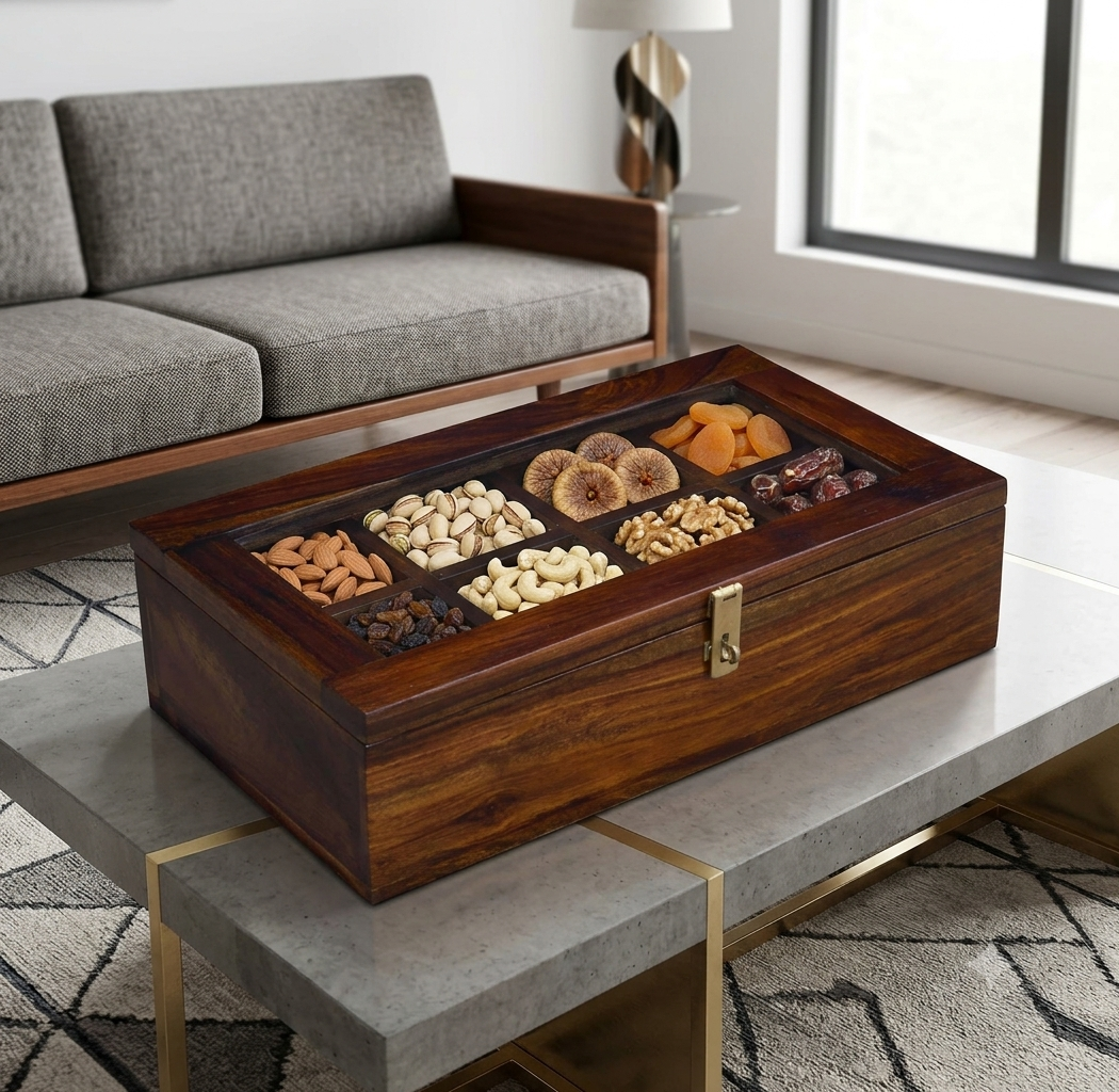 Solid Sheesham Wood Hand crafted Spice Box | Dry Fruit Box With Eight Containers