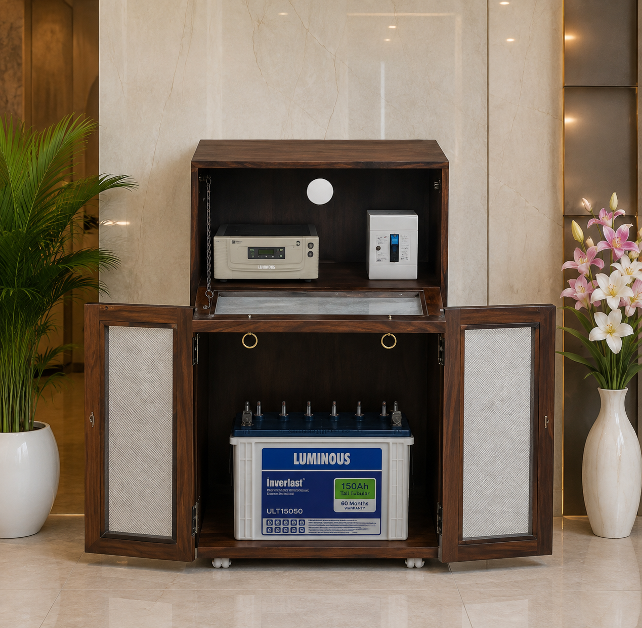 Solid Sheesham Wood Double Inverter Battery Box / Wooden Inverter Battery Trolley