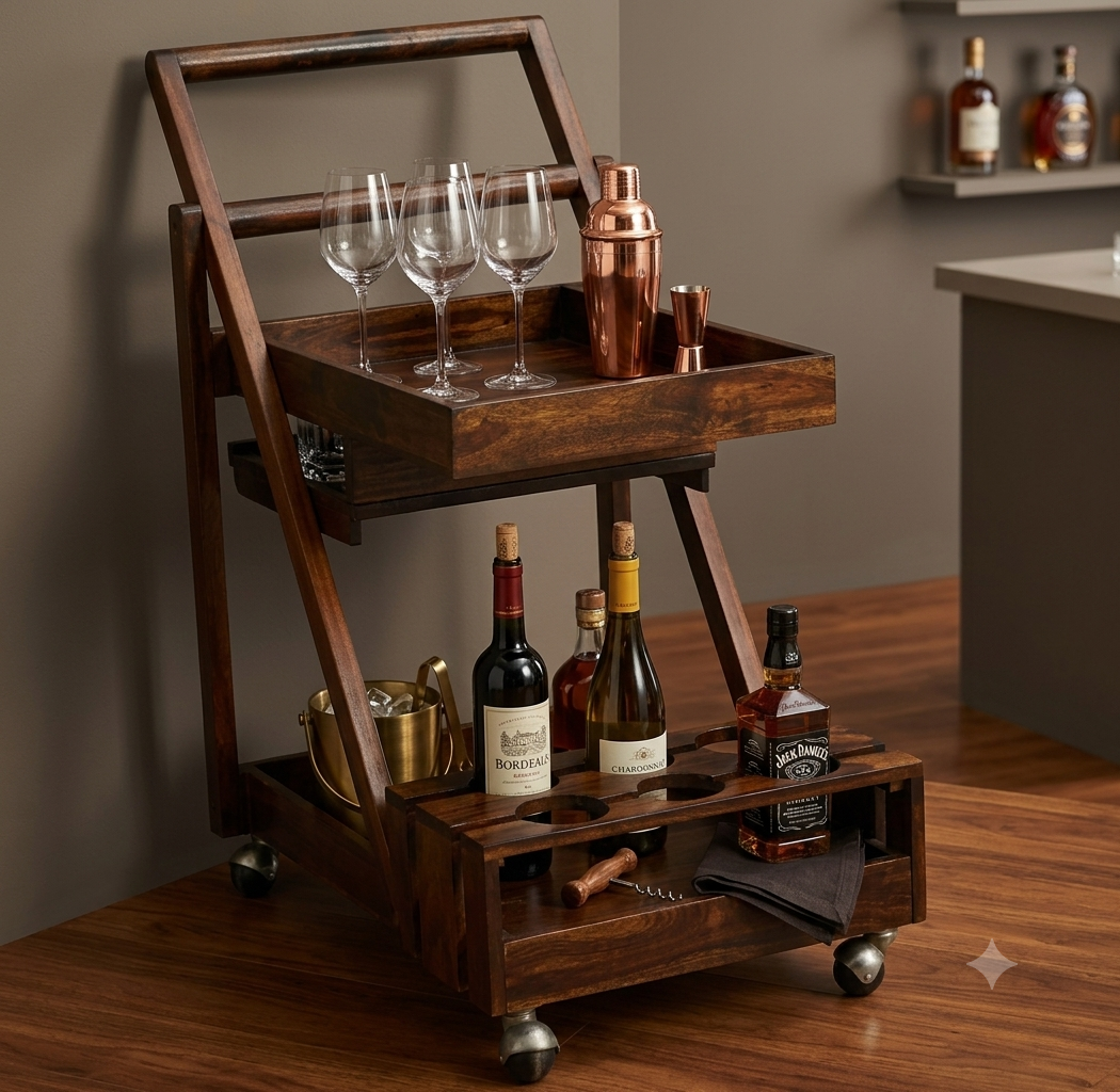 Solid Wood Bar Trolley With Glass Hanging