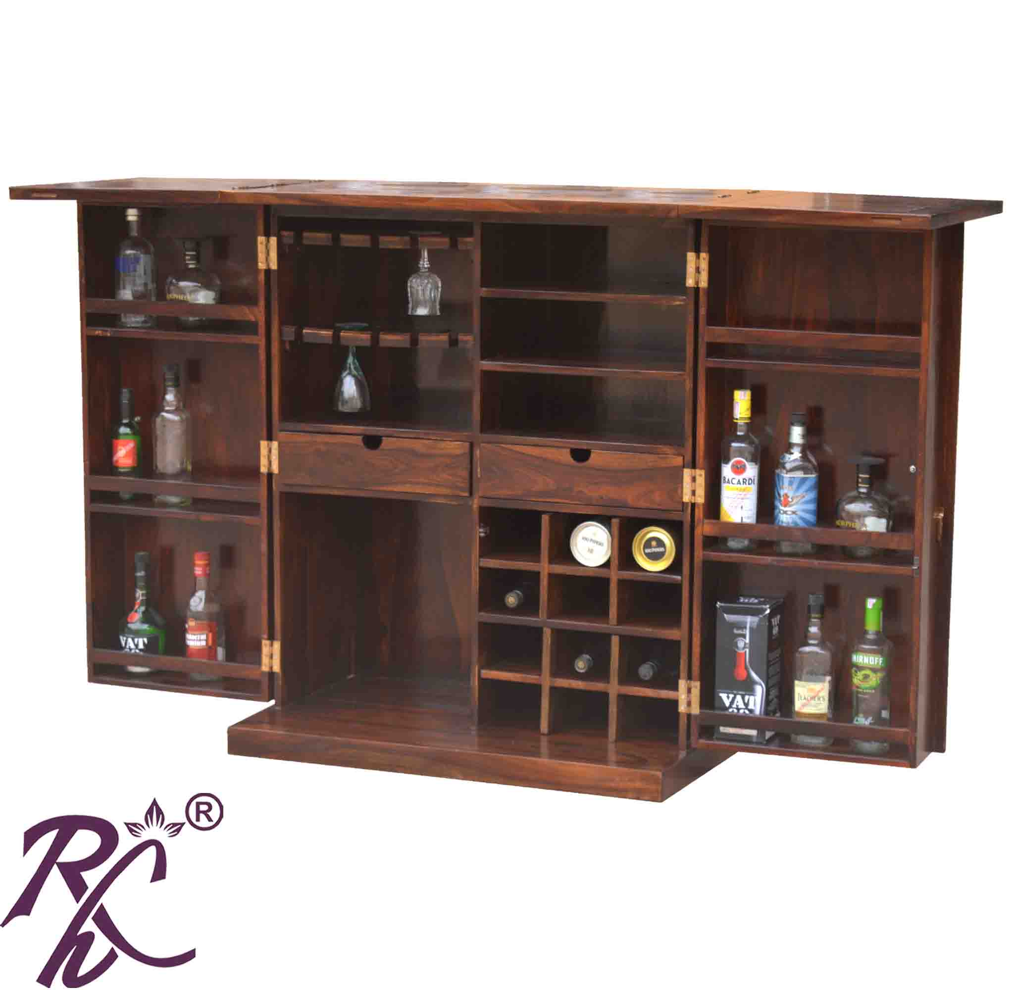 Solid Wooden Wood Bakhra Design Bar Cabinet