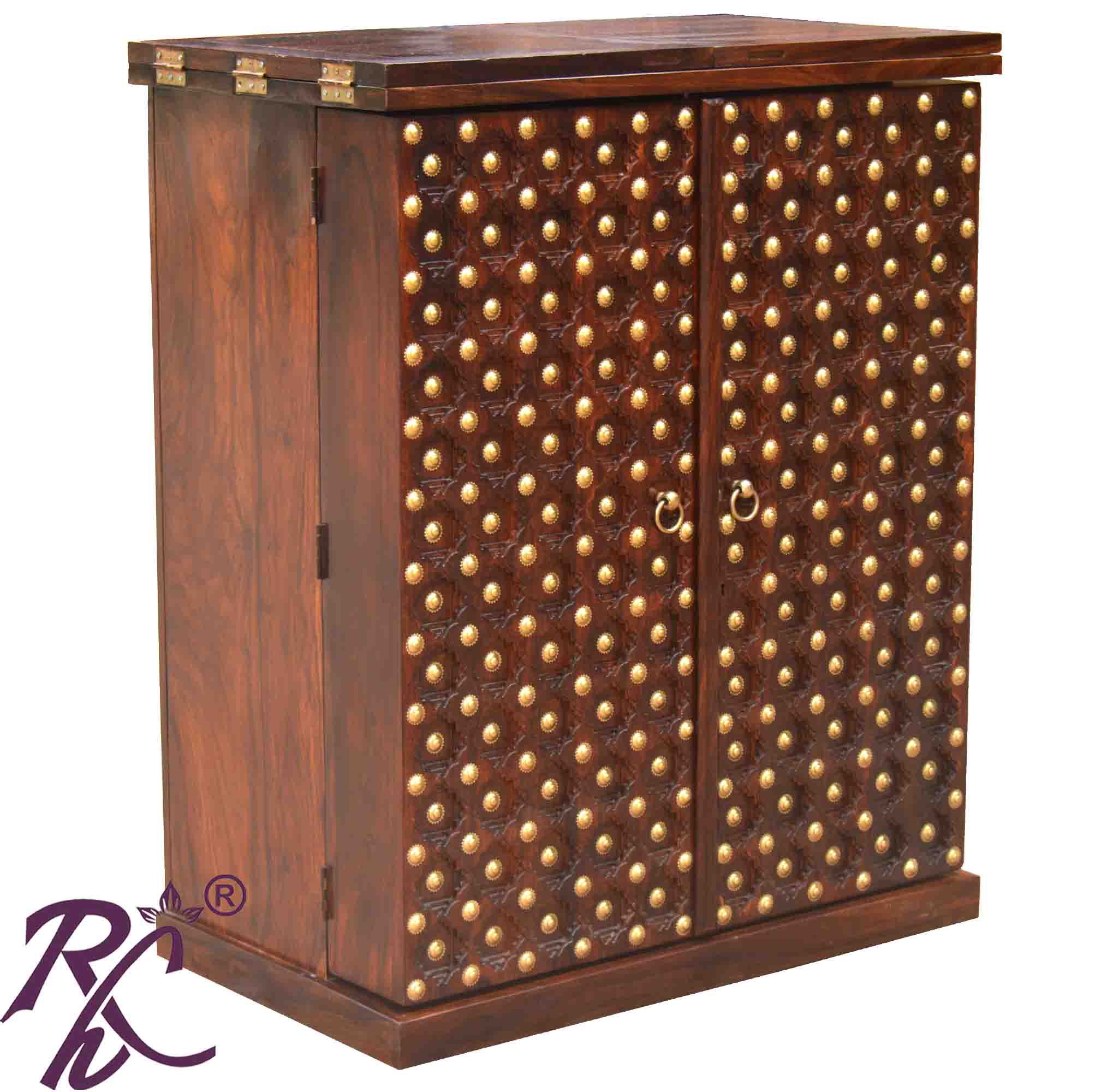Solid Wooden Wood Bakhra Design Bar Cabinet