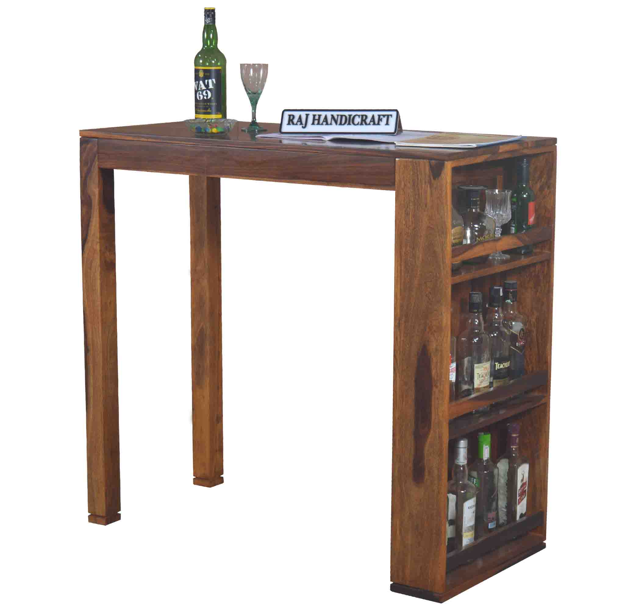 Solid Wood Bar Table Side Bottele Shelf