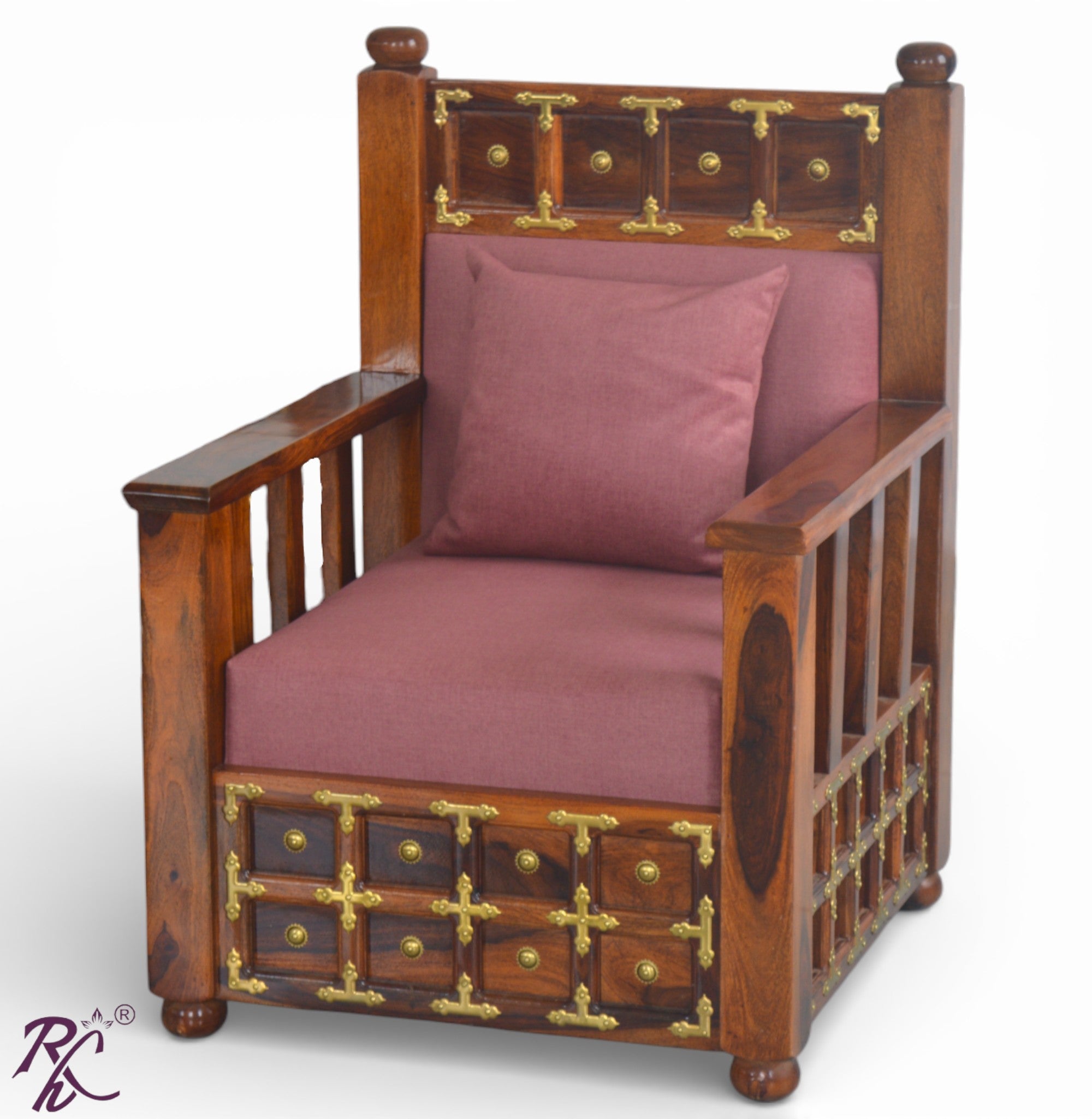 Solid Wood Brass L+T Design Sofa One Seater