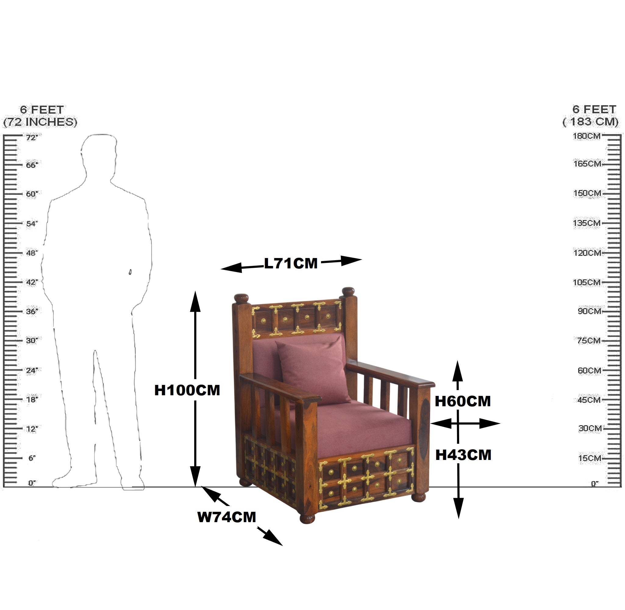 Solid Wood Brass L+T Design Sofa One Seater