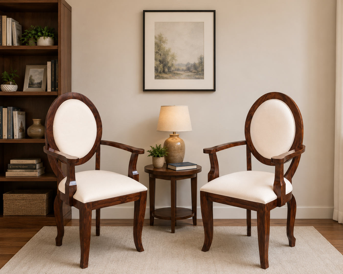 Solid Wood Back Oval Shape Arm Chair