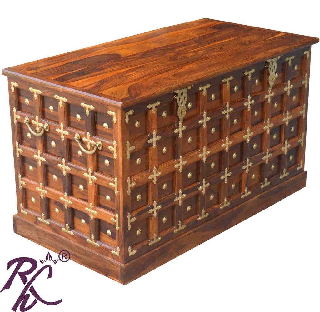 Solid Wood Brass Work L+T Design Blanket Box