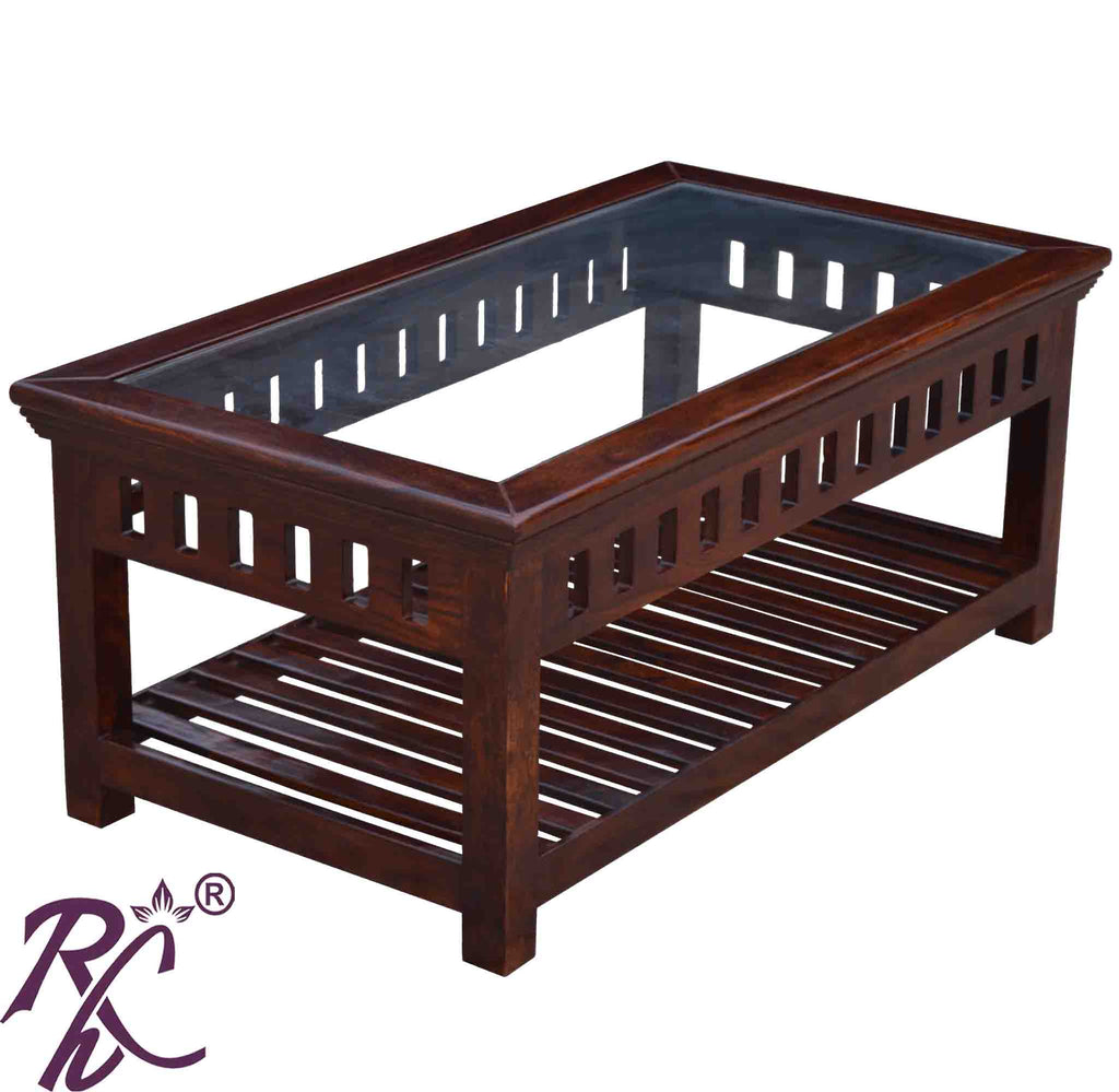 Solid Wood Kubera Glass Top Center Table With Shelf