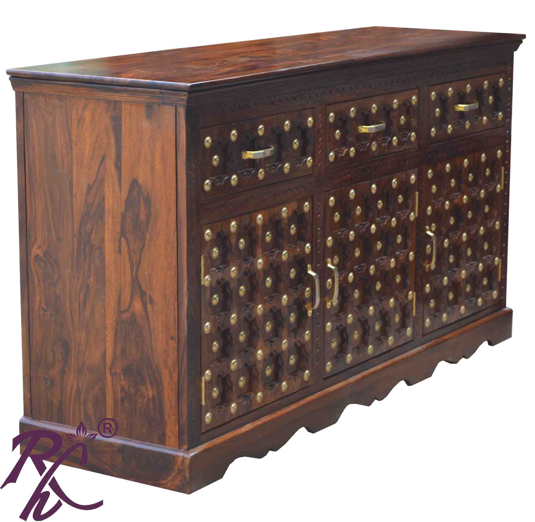Solid Wood Wood Bakhra Design Sideboard 3 Doors 3 Drawers