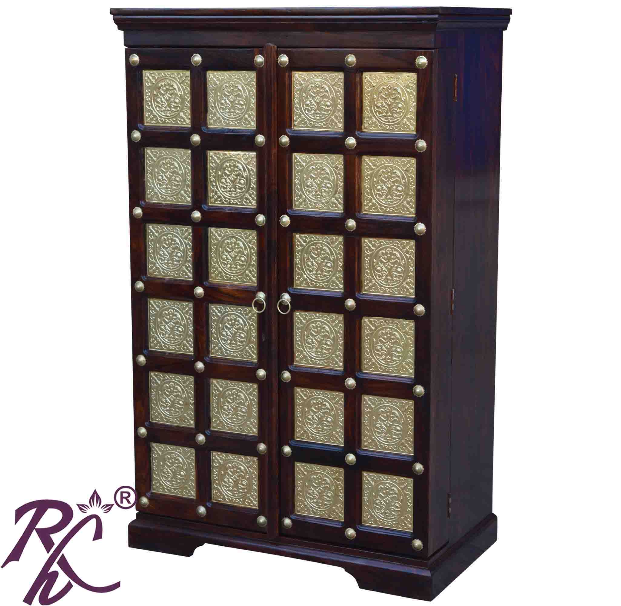 Solid Wood Brass Work Bar Cabinet