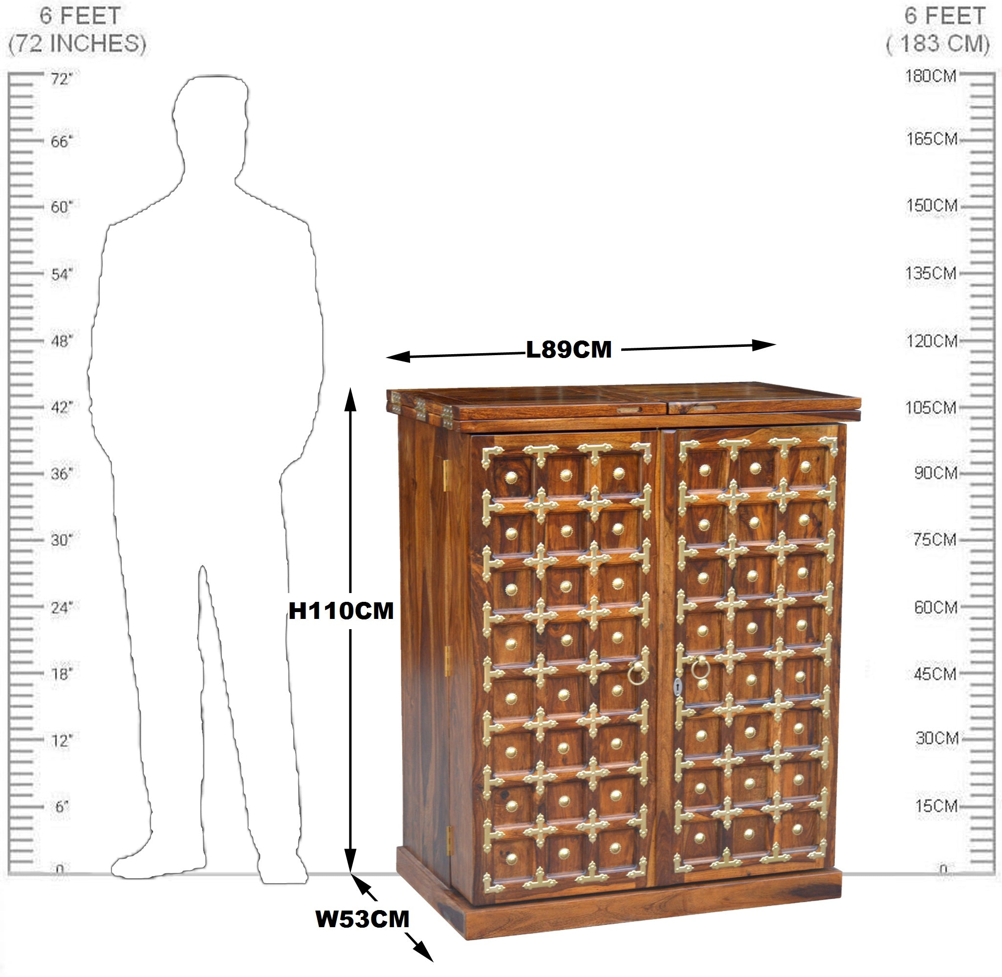 Solid Wood Brass Work L+T Door Design Bar Cabinet Medium