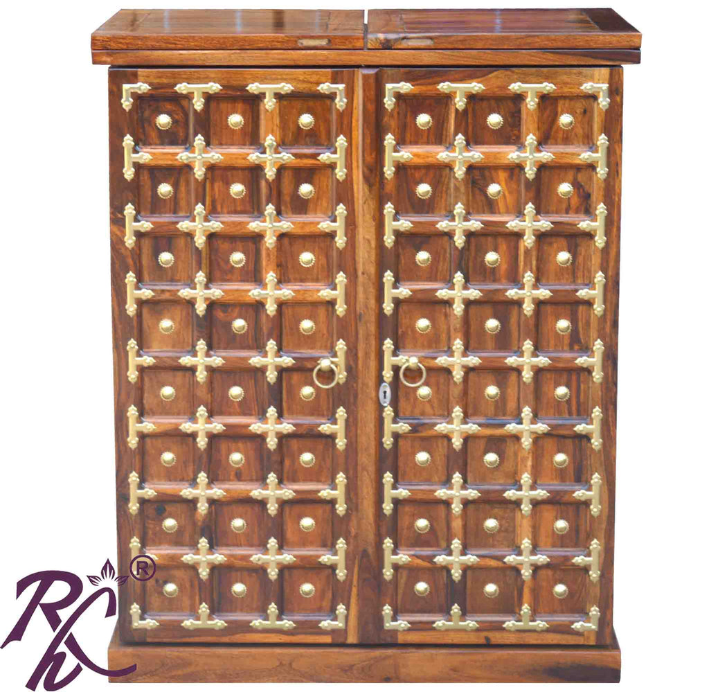 Solid Wood Brass Work L+T Door Design Bar Cabinet Medium