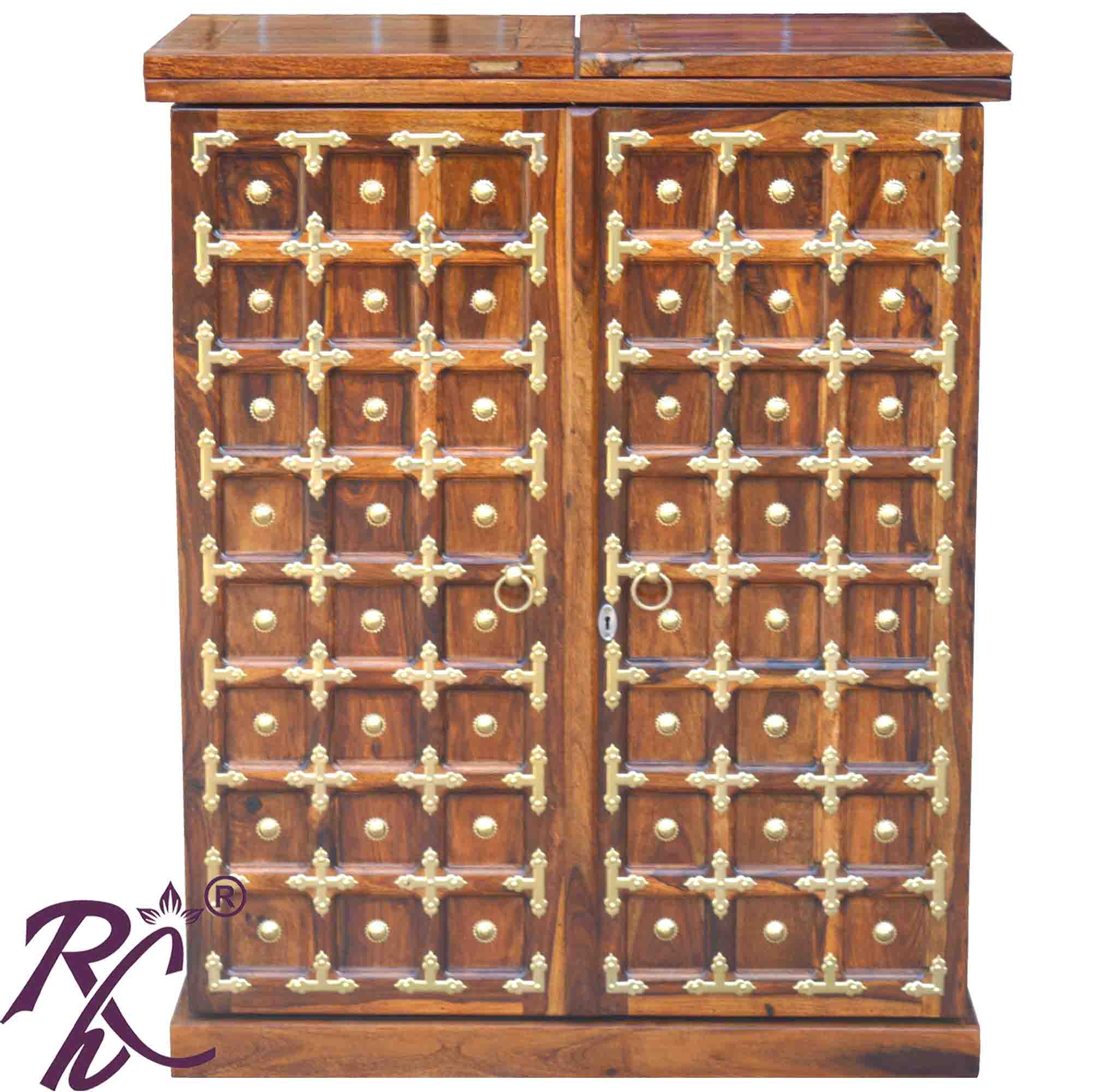 Solid Wood Brass Work L+T Door Design Bar Cabinet Medium