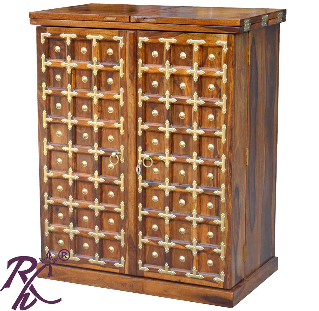 Solid Wood Brass Work L+T Door Design Bar Cabinet Medium