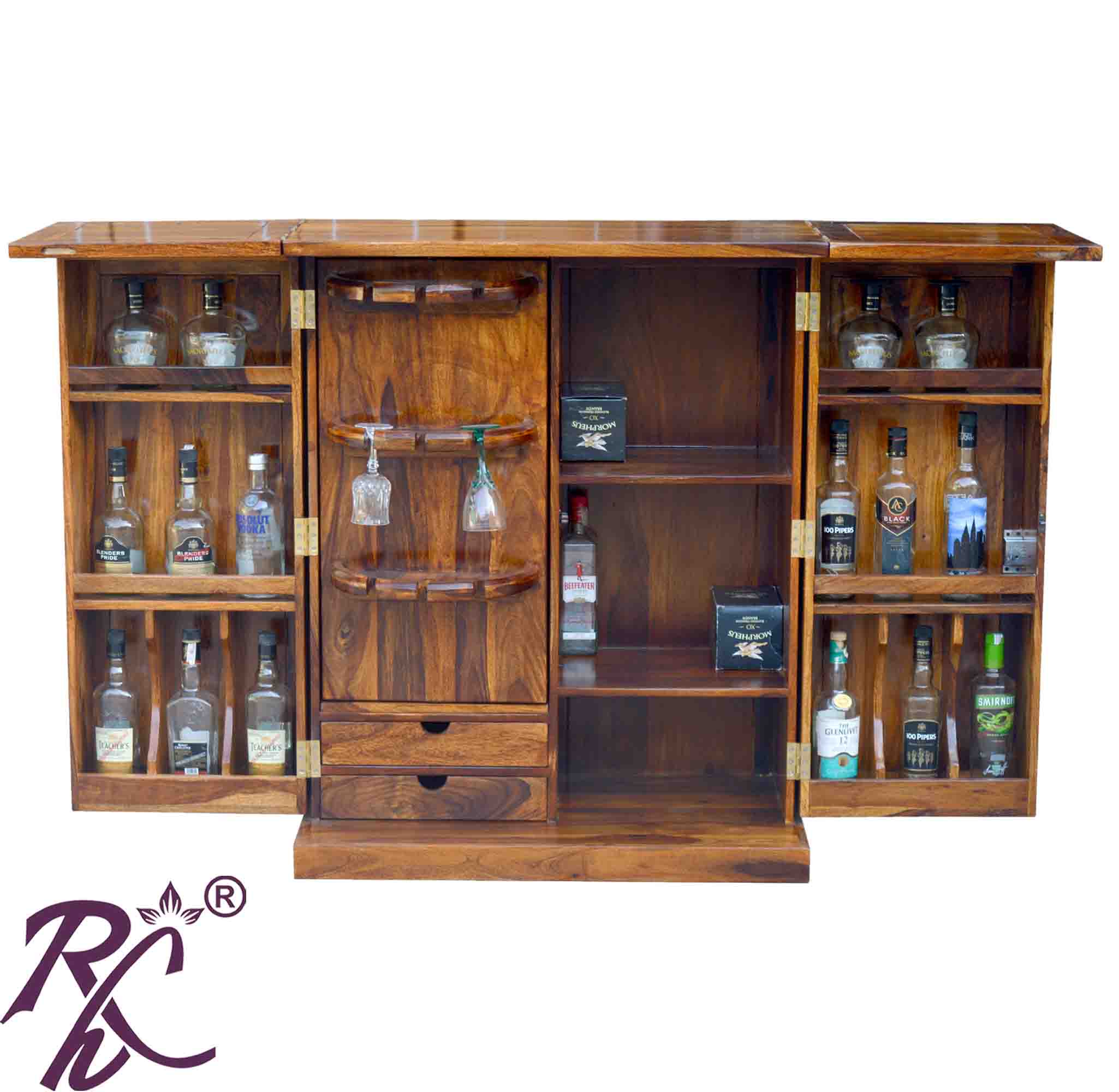 Solid Wood Brass Work L+T Door Design Bar Cabinet Medium