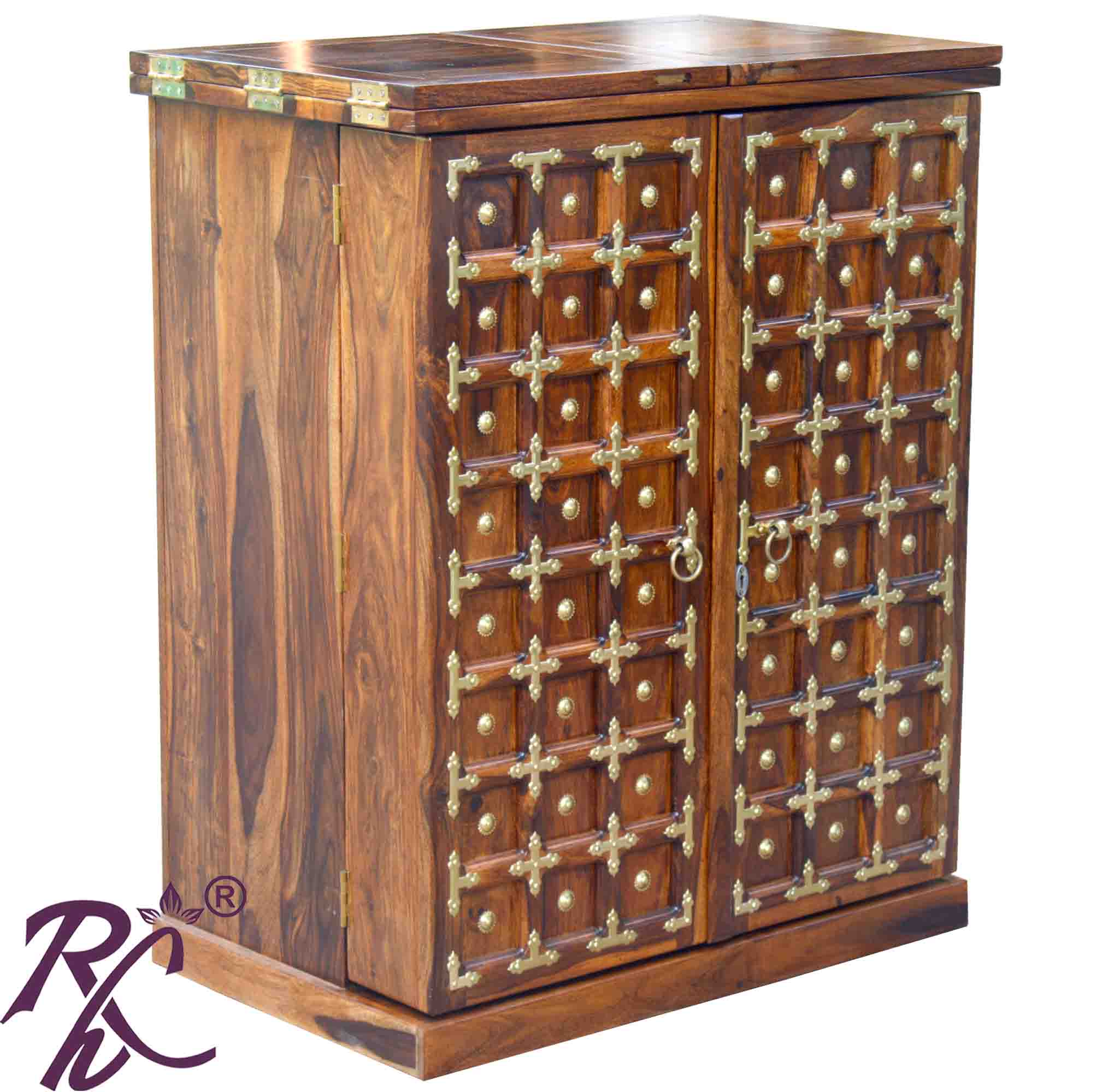 Solid Wood Brass Work L+T Door Design Bar Cabinet Medium