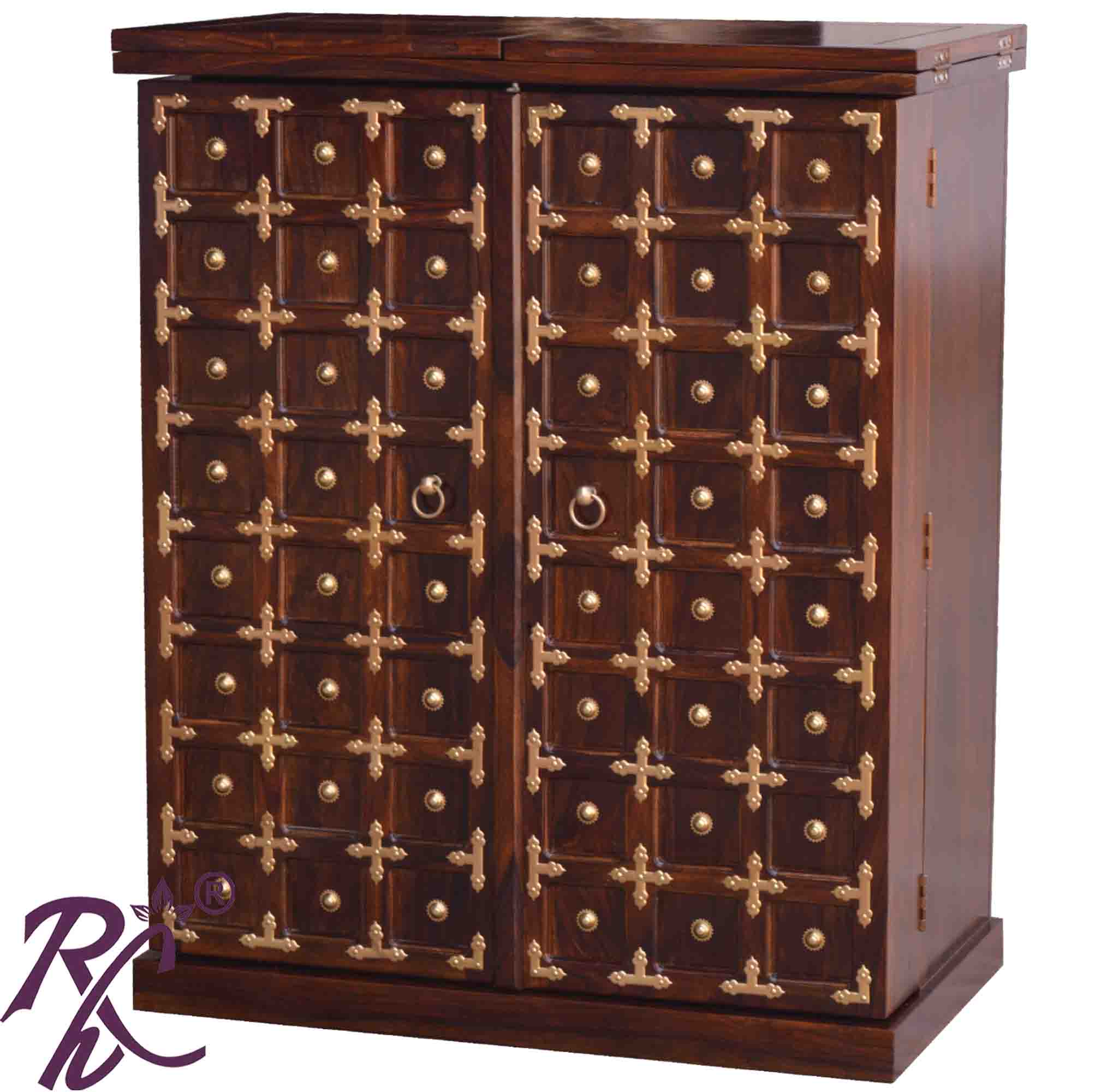 Solid Wood Brass Work L+T Door Design Bar Cabinet