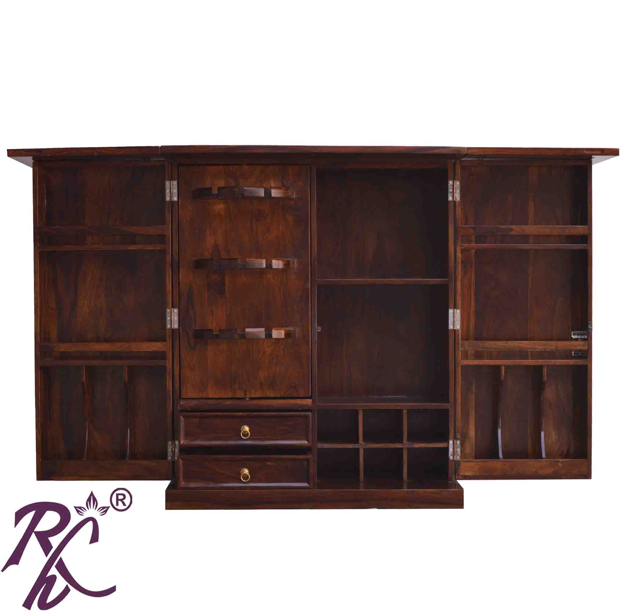 Solid Wood Brass Work L+T Door Design Bar Cabinet