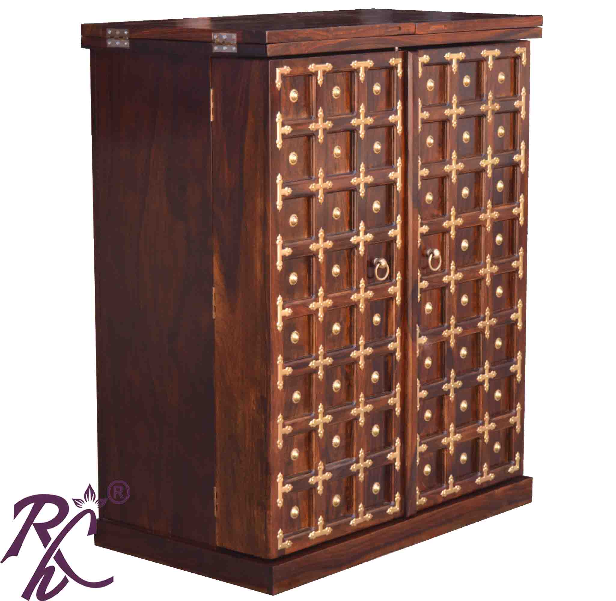 Solid Wood Brass Work L+T Door Design Bar Cabinet