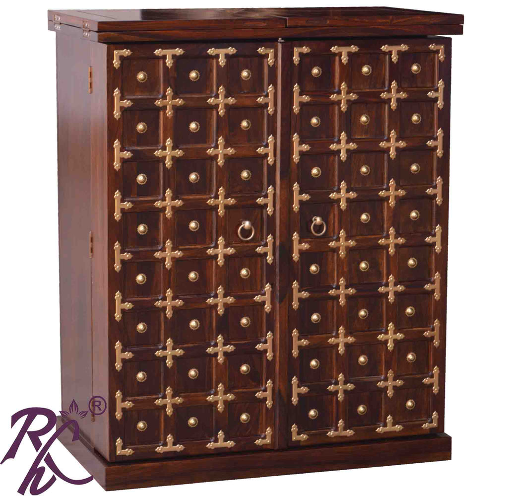 Solid Wood Brass Work L+T Door Design Bar Cabinet