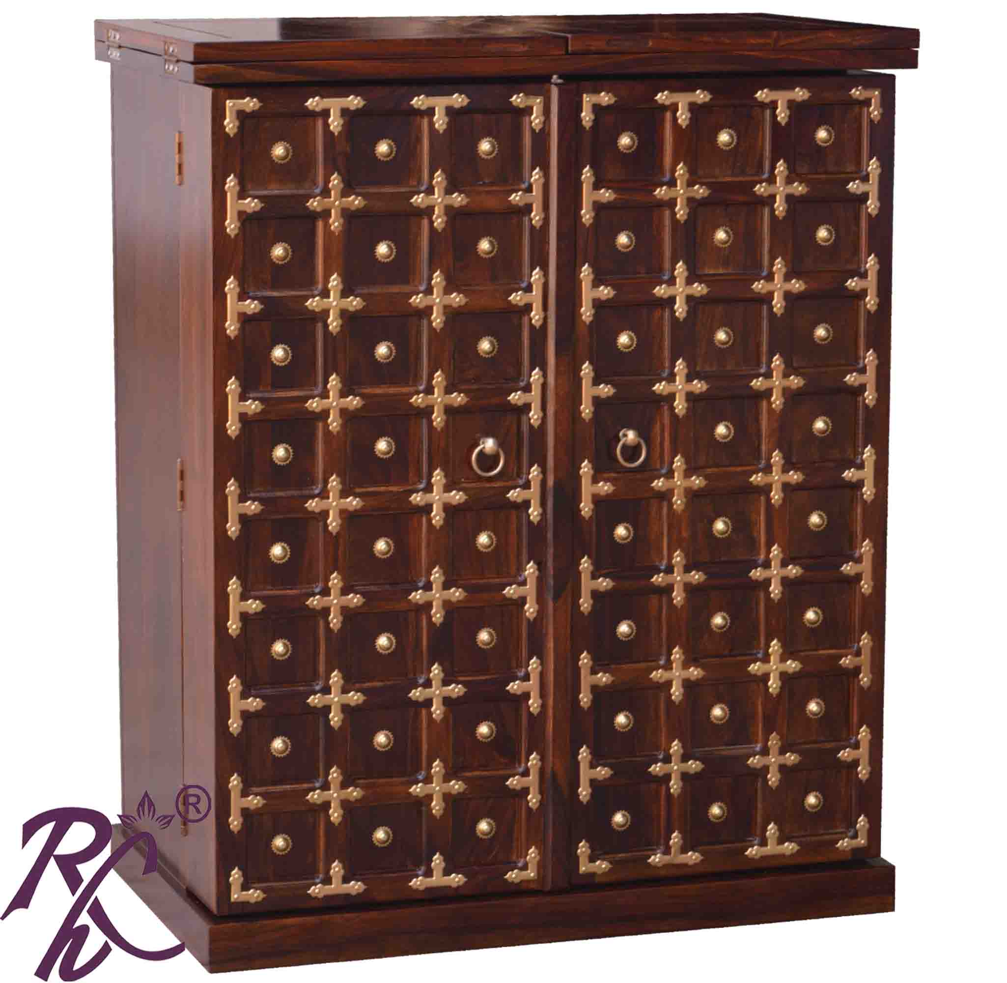 Solid Wood Brass Work L+T Door Design Bar Cabinet