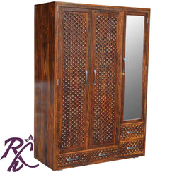 Solid wood Jiksa Jali Wardrobe 2 Doors 1 Glass Door and 4 Drawers