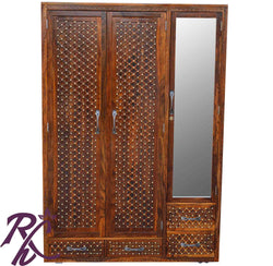 Solid wood Jiksa Jali Wardrobe 2 Doors 1 Glass Door and 4 Drawers