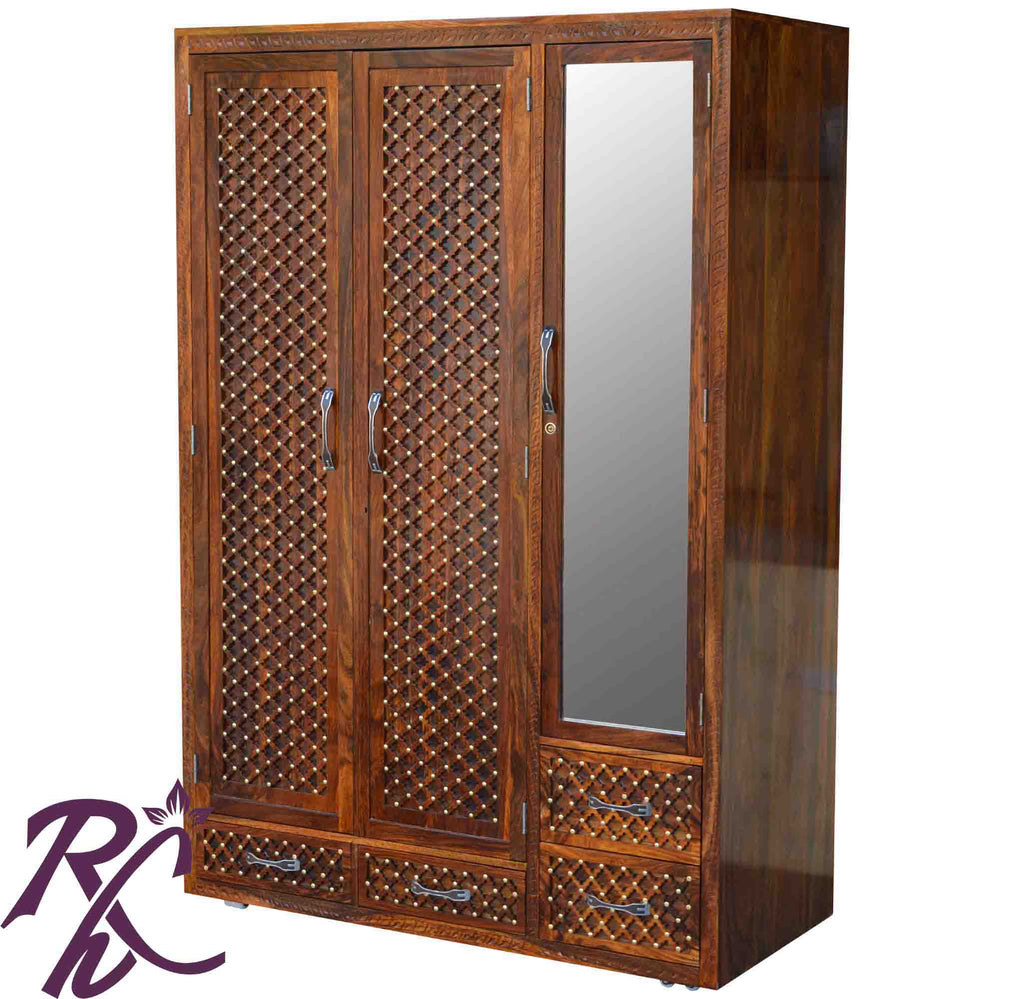 Solid wood Jiksa Jali Wardrobe 2 Doors 1 Glass Door and 4 Drawers