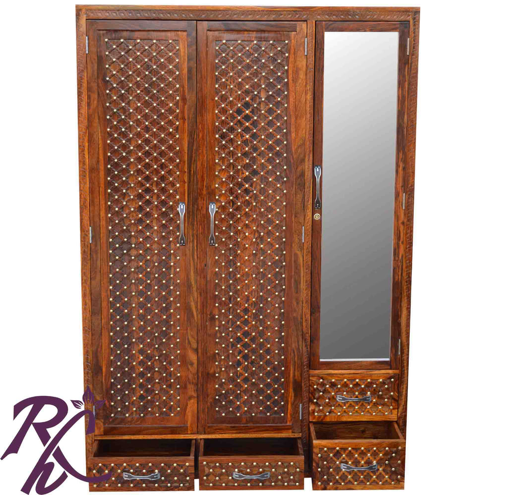 Solid wood Jiksa Jali Wardrobe 2 Doors 1 Glass Door and 4 Drawers