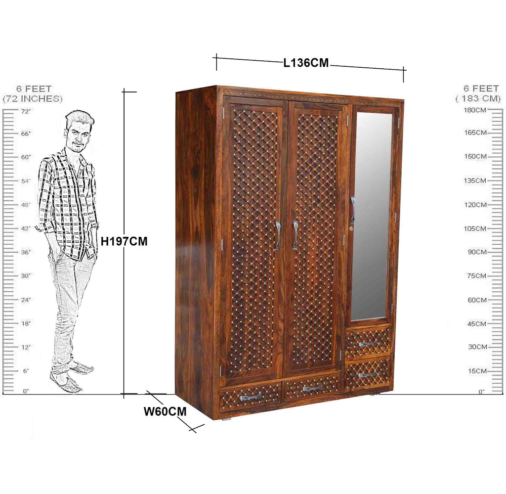 Solid wood Jiksa Jali Wardrobe 2 Doors 1 Glass Door and 4 Drawers