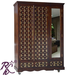 Solid Wood Brass L+T Design Cabinet & Wardrobe 2 Doors With 1 Mirror Door and 3 Drawers