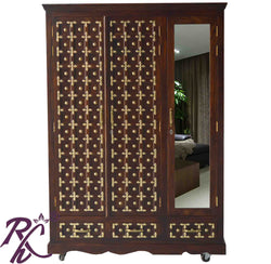 Solid Wood Brass L+T Design Cabinet & Wardrobe 2 Doors With 1 Mirror Door and 3 Drawers