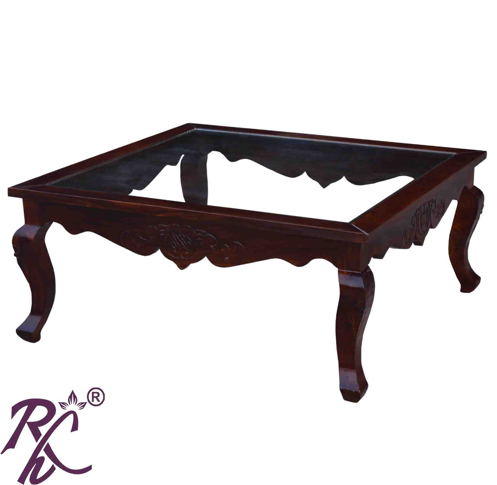 Solid Wood Square Shape Centre Table Glass Top