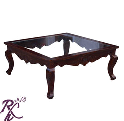 Solid Wood Square Shape Centre Table Glass Top
