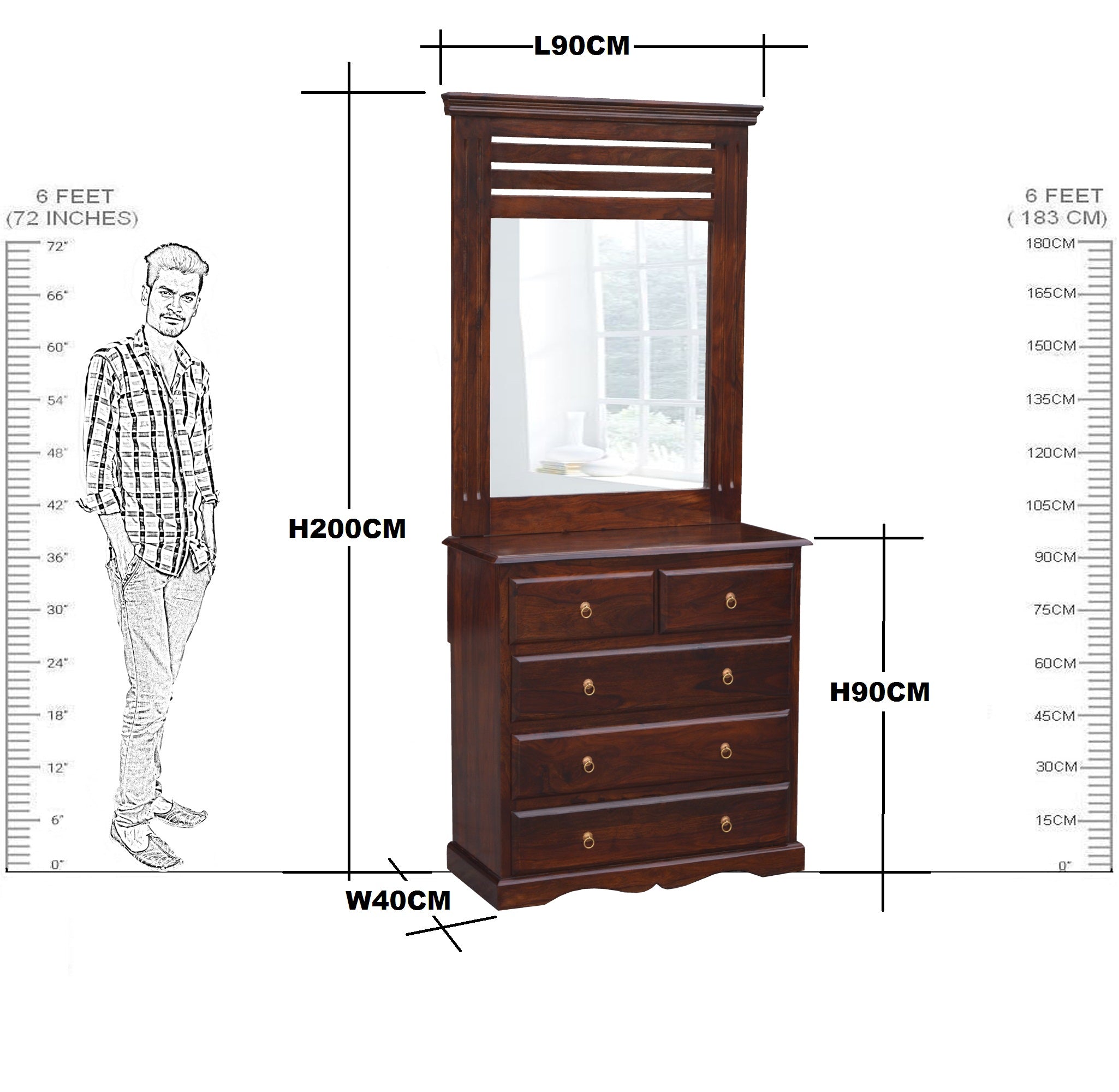Solid Wood Stripe Design 5 Drawer Dresser With Stool