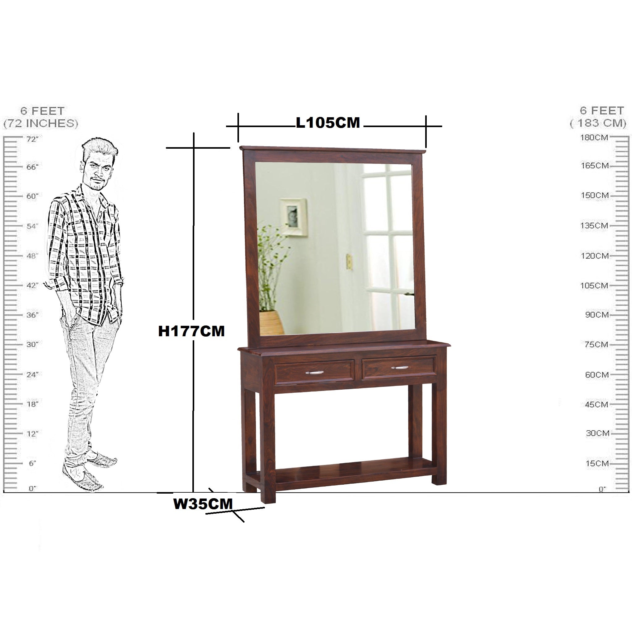 Solid Wood 2 Drawer Mirror Dresser