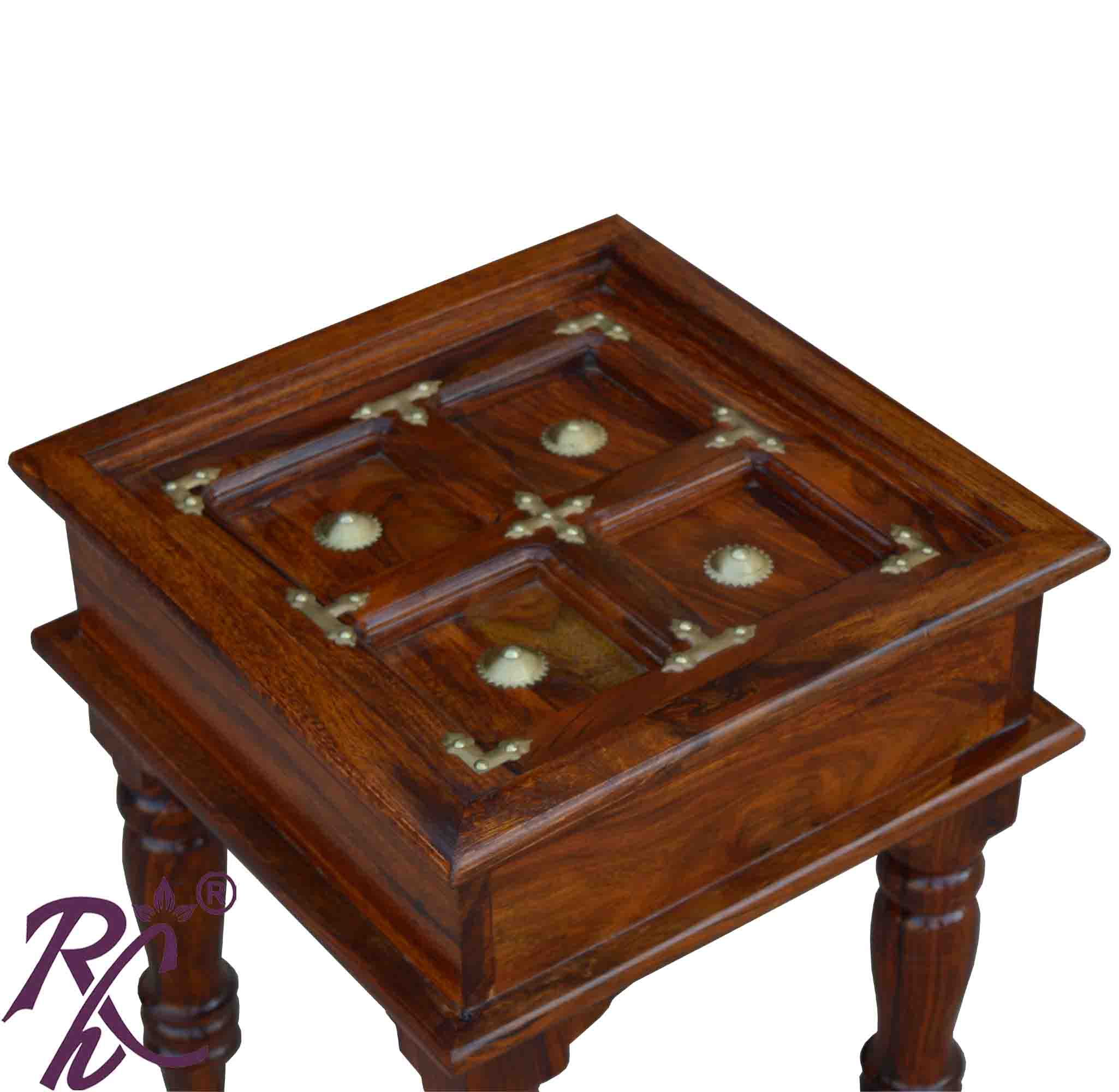 Solid Wood Brass Work L+T Design Lamp Table | Lamp Side Table | Side End Table | Side Table