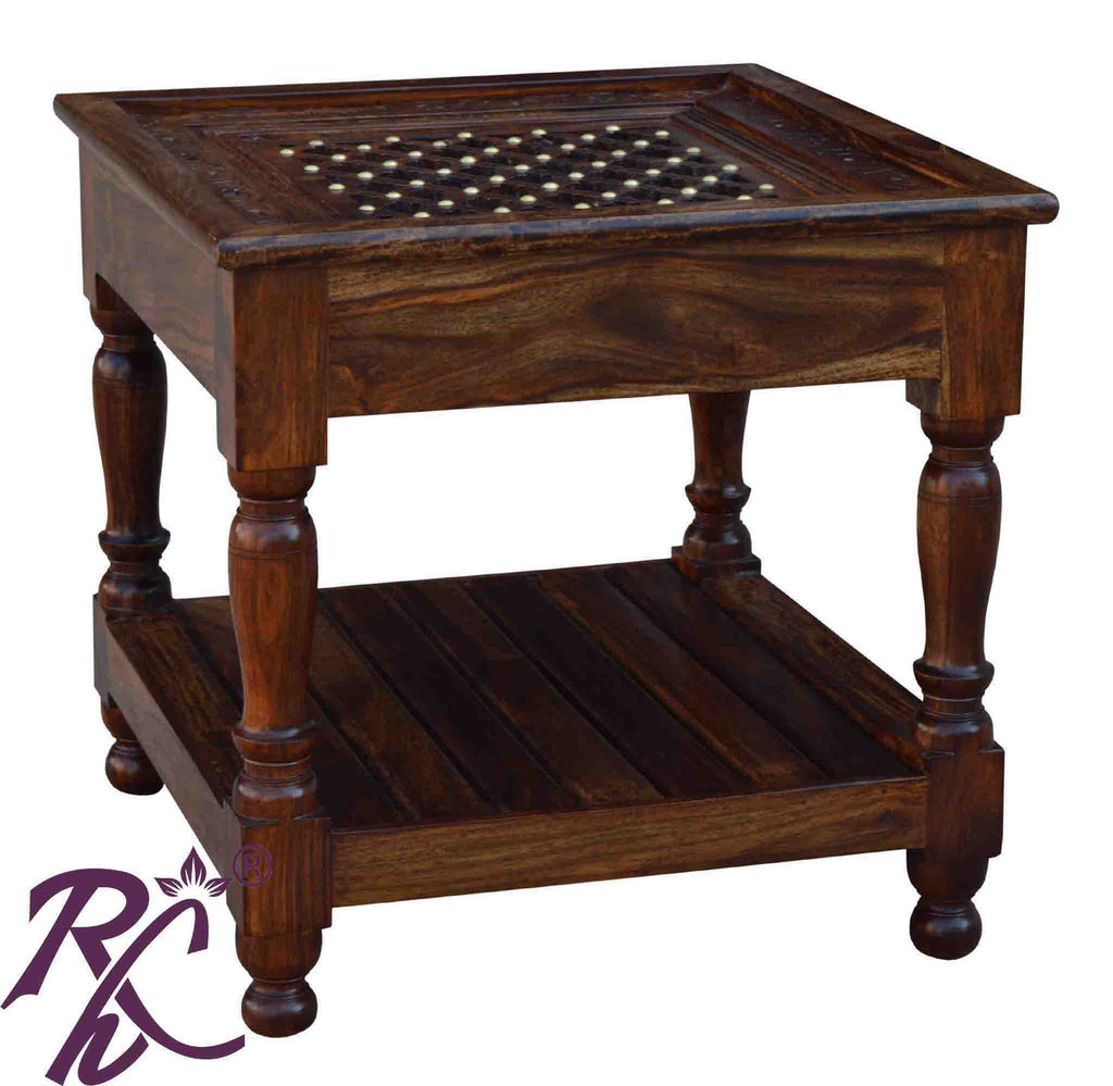 Solid Wood Jiksa Jali Design Lamp Side Table With Shelf
