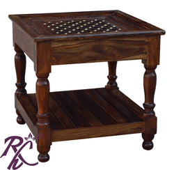 Solid Wood Jiksa Jali Design Lamp Side Table With Shelf