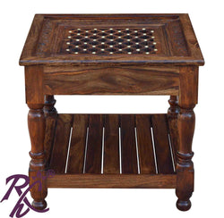 Solid Wood Jiksa Jali Design Lamp Side Table With Shelf