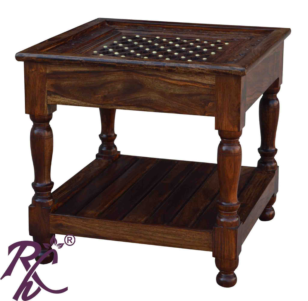 Solid Wood Jiksa Jali Design Lamp Side Table With Shelf