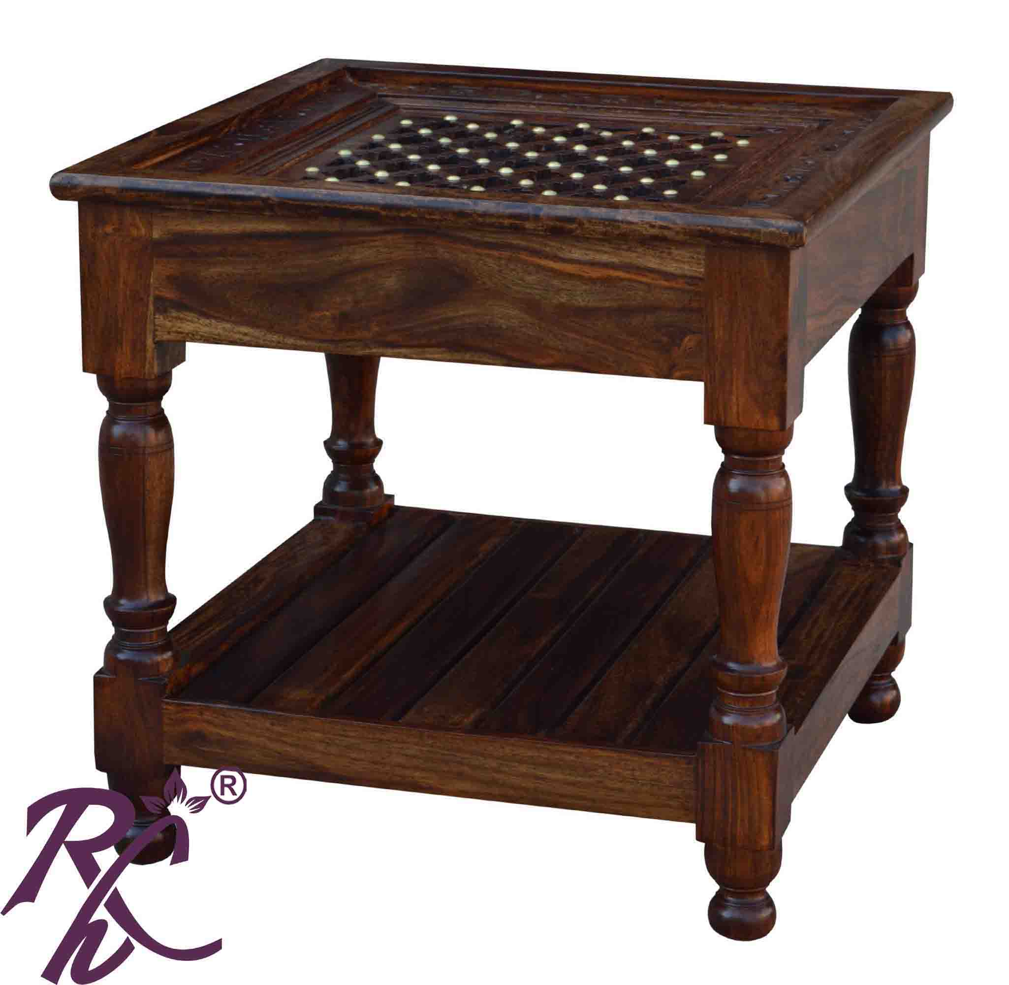 Solid Wood Jiksa Jali Design Lamp Side Table With Shelf