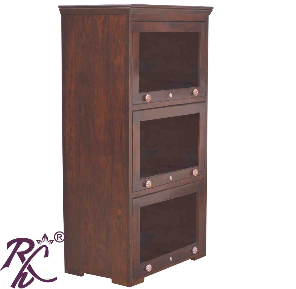 Solid Wood Three Glass Doors Kitchen Crockery Unit