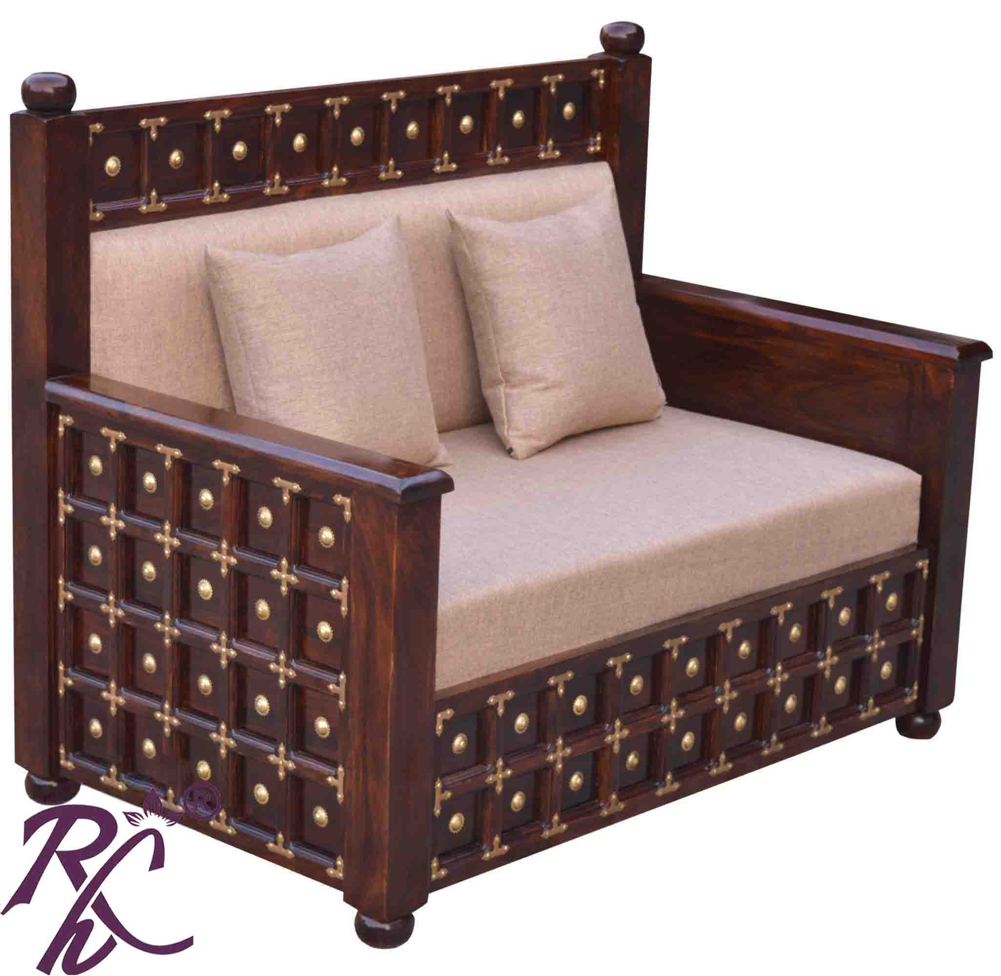 Solid Wood Brass L+T Design Sofa 2 Seater
