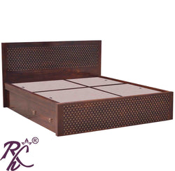 Solid Wood Jiksa Jali Design King Size With Storage Bed With Half Side Drawer