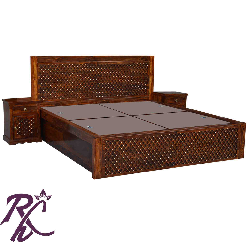 Solid Wood Jiksa Jali Design King Size With Storage Bed