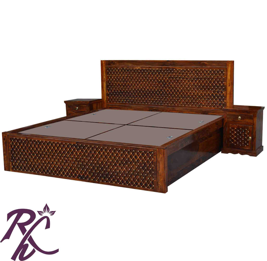 Solid Wood Jiksa Jali Design King Size With Storage Bed