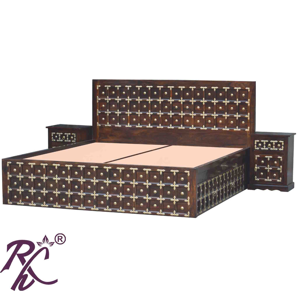 Solid Wood Brass L+T Design King Size Bed With Storage Side Full Drawer